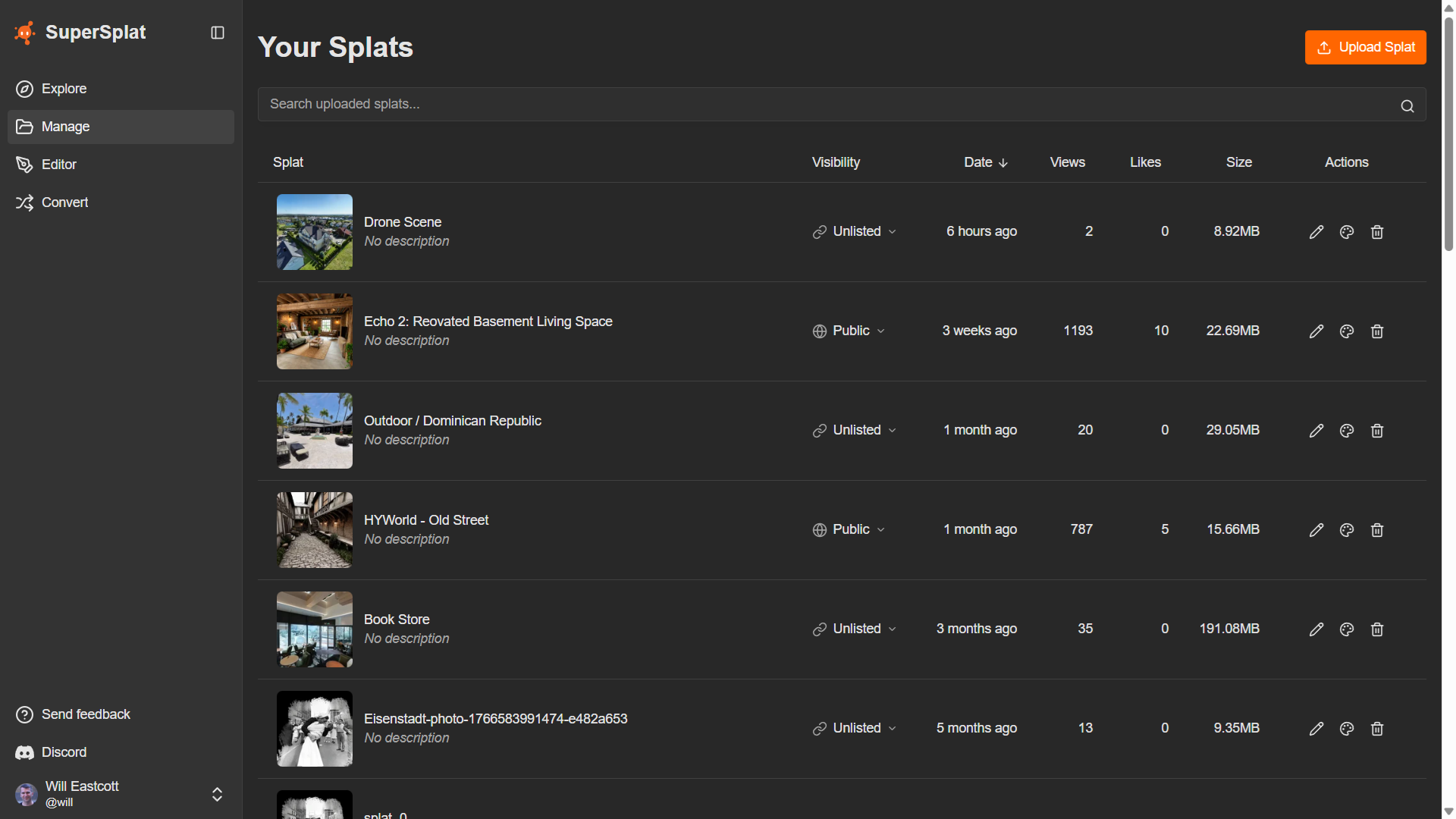 The Manage page table with several splats